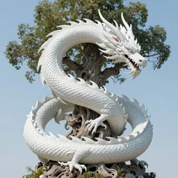 a beautiful white dragon twisted around an ancient tree, intricate, maximalist, bright, clear,