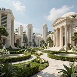 verdant classical garden based on the brutalist architecture of carlo scarpa in a megacity made of travertine temples, sci-fi, light blue sky with clouds, 4k museum photograph, octane render, photorealistic, hyperrealism