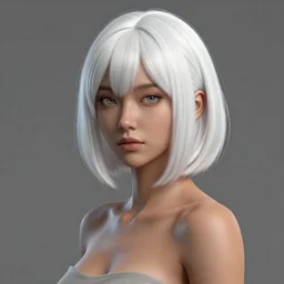 full length complex 3 d hyper realistic smooth ultra sharp render of a gorgeous female short white!! hair long bangs flawless caramel!! skin | art by oh jinwook + 吵 集 仁 儿 on artstaion + takeshi obata + alphonse mucha + jim lee