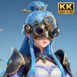 a game screenshot of an ancient chinese princess with steampunk mask, genshin impact, dynasty warriors, headshot, holy, unity, 8 k, blue color scheme, headshot, highly detailed, smooth, aesthetic