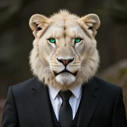white mountain lion hybrid ape, black suit, tie, green eyes, smile, portrait, full HD 8k, ultra realistic cinematic octane render