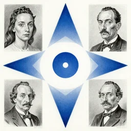 Olivia Wilde, pencil drawing. El Greco, Remedios Varo, Salvador Dali, Carl Gustav Carus, John Atkinson Grimshaw. Blue tint. Symetrical, logo, geometric shapes.