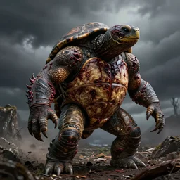 humanoid turtle monster, photorealistic, grimdark, gruesome, front view, side view