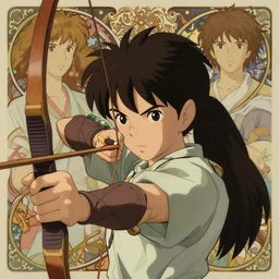 portrait of an amazon notching her bow, fantasy, face in sharp focus, highly detailed, cel shading, digital painting, anime key visual, artwork by ilya kuvshinov and hayao miyazaki and alphonse mucha