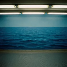 color film still, a large wall with the sea painted on it. metal floor, fluorescent lights ; alien 2 ( 1 9 8 6 )