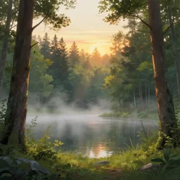 forest with lake, fog and sunset backlight, detailed panorama painting by ottawa animation