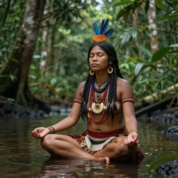 an indigenous woman meditating in the amazon jungle, gazing at the water, highly detailed, art by christophe vacher