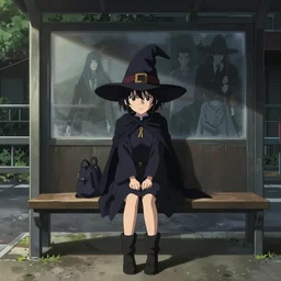 anime key visual of a little witch waiting in a bus stop, cinematic lighting, dramatic atmosphere, by dustin nguyen, akihiko yoshida, greg tocchini, greg rutkowski, cliff chiang, 4 k resolution