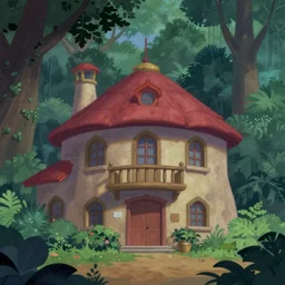 Movie frame from the coloured Disney animated motion picture released in 1949, beautiful half built building in Taiwan forest full of