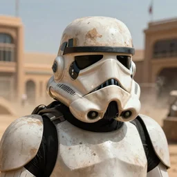 closeup headshot of dirty grimy stormtrooper in a desert city action pose, smoke, volumetric lighting, interior design. clear photo, frank miller, ultra detailed digital art