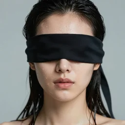 woman with blindfold and wet face and hair