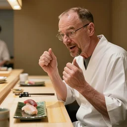 walter white excited and hungry looking at omakase at a sushi bar