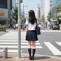 a girl with long hair on japanese uniform high school waiting on a crosswalk, urban city background, digital art, 8 k