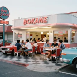90's photo, people in a retro diner at the crossroads