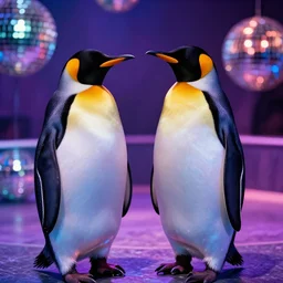two penguins in disco nightclub, ektachrome,