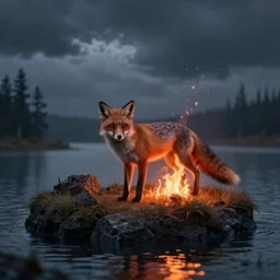 a fox on an island, with a firey presence trapped inside. dusk lighting, ominous, landscape