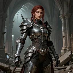 hyper detailed ultra sharp full body character portrait of a woman wearing hextech armor standing in a destroyed church, in the style of arcane tv show, muted colors, action pose, cinematic lighting, good value control, realistic face details, realistically rendered eyes, photorealistic eyes, smooth, 3 d cgi, cgi, backface culling, realistic shading, john singer sargent