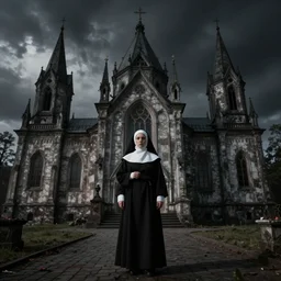 Norwegian death metal band playing at a nun convent, realistic, dark, detailed, horror, photographed by Peter Beste