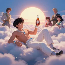 masterpiece portrait of a ( ( ( una cerveza y diamantes ) ) ), ( ( guapo joven spanish prince reclining ) ), nubes y magia, el sol, concept character, by greg rutowski and tezuka and oi and mucha and bierstadt and remington, trending on artstation