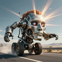 Giant robotic head of David Copperfield with wheels running on a californian highway, rays of light, particles light, kuvshinov ilya, unreal engine, by sasha kalinkin