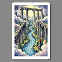 dixit card!!!!, twisted waterway, aqueducts, dark fantasy. intricate, amazing composition, colorful watercolor, by ruan jia, by maxfield parrish, by shaun tan, by yoshitomo nara, by m. c. escher, illustration, dream, clouds