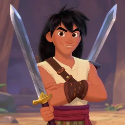 portrait of teenage conan the barbarian, smiling. arrogant. great sword with gold pommel. animated feature. 3 d pixar and disney!! in the style of disney pixar, moana, brave, the good dinosaur.