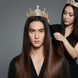 handsome man with shiny and silky long hair getting hair styled by the hair queen wearing a golden crown studded with diamonds, cannon studio lens