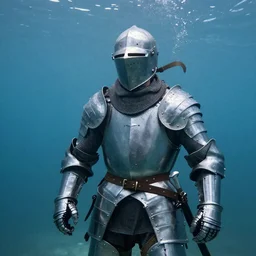 Underwater photo of an artist in medieval armor by Trent Parke, staring at a camera through a visor, close up, huge bubbles, metallic patterns, clean, detailed