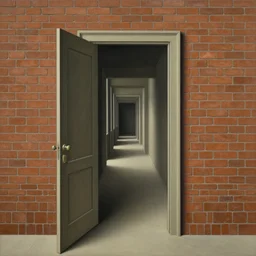 an open door to nothingness in brick wall with endless hallway inside, painting by rene magritte, high detail, high resolution