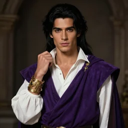 a portrait of a male version of esmeralda from hunchback of notre dame, almond color skin, young adult in his 2 0 s, black elegant hair, white shirt, elegant clothing, handsome, medieval purple garb, he is wearing golden bracelet and jewelry, style by donato giancola, wayne reynolds, jeff easley dramatic light, high detail, cinematic lighting, artstation, dungeons and dragons