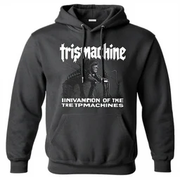 photo of a hoodie, band merchandise, bandname is tripmachine, tourname is invasion of the tripmachines, realistic digital art, hoodie is textured with a 3 d render of a huge futuristic steampunk generator, 8 k, fluorescent colors, halluzinogenic, multicolored, exaggerated detailed, unreal engine