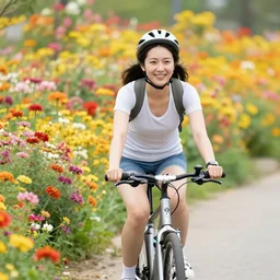 happy woman cycling through flower universe
