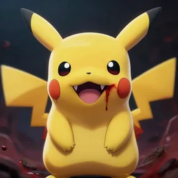 ultra realistic pikachu from pokemon with a bloody smile + mouth full of sharp fangs + horror vibe + by junji ito - w 1 0 2 4