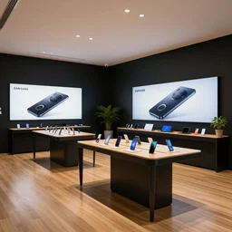 copic art, lofi aesthetic ( ( ( ( ( ( ( ( ( ( serious grounded balanced muted flagship samsung store, black walls. timber floor. low ceilings with spots. curved furniture, with large digital screen. display tables with phones and tablets, pots with plants, large digital screens on the walls ) ) ) ) ) ) ) ) ) )