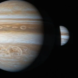 by eric abel, jupiter with moons io and europa orbiting