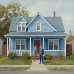 a small suburban house, dusty blue, with a proud couple standing outside. beautiful painting by artgerm and greg rutkowski