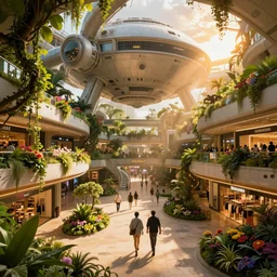pedestrian view of a sprawling futuristic shopping mall inside a massive space station with overgrown lush gardens, rich vines and verdant flowers. ilm, beeple, warm saturated colours, atmospheric perspective, dramatic sunset, volumetric light scattering, dustlight, god rays, dust