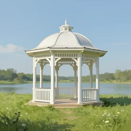 white gazebo in the middle of a calm meadow, classical architecture, beautiful digital painting by James Gurney