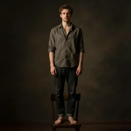 A man standing on a very small chair