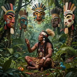 a shaman sitting in the jungle, with faces of ancestors in the sky wearing tribal masks looking at him, hyper detailed, art by christophe vacher