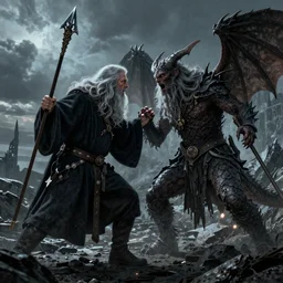 Fight between Gandalf and the Balrog in the evening, detailed matte painting, cinematic, Alan Lee, Artstation