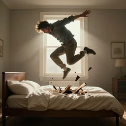 a man jumping on the bed and breaking it