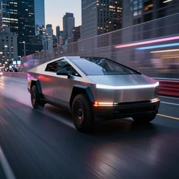 ultra realistic and intricate detailed photograph of neon cybertruck while racing on a race track, new york city, movie shot, innovation, depth of field, ambient lighting, award winning, stunning
