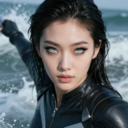 photorealistic rolling, crashing waves, youthful asian blade runner demure, ultra realistic, 3 5 mm, exquisite symmetrical features, glowing translucent limpid skin, feminine cut, pris mascara, highly detailed, frontiers in flight leather suit, detailed face, 8 k, stephane sednaoui, ultra realistic, id magazine photoshoot
