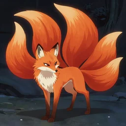 prompt A beautiful red orange kumiho, nine fox tails, Peter Mohrbacher