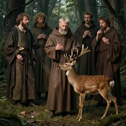 portrait of saint francis of assisi talking to a deer in the woods 4 k, concept art, by wlop, ilya kuvshinov, artgerm, krenz cushart, greg rutkowski, pixiv. cinematic dramatic atmosphere, sharp focus, volumetric lighting, cinematic lighting, studio quality