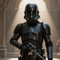 soldier in black imperial armor and a black sphere helmet, blaster in a hand, star wars, digital art, realistic, detailed, artstation, cinematic lighting