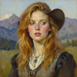 a stunning closeup portrait painting of thandie newton, contemplative, hybrid oil painting, high fashion, western dress, scenic mountain vista blown out background, art by jeremy pitkin, alphonse mucha, greg rutkowski, tim hildebrandt, boris vallejo, artgerm