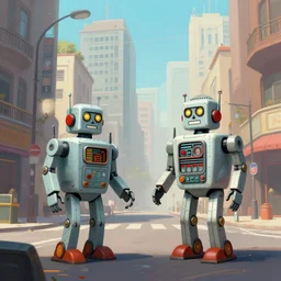 street level view of retro robot city. petros afshar. jim burns. trending on artstation. digital painting.