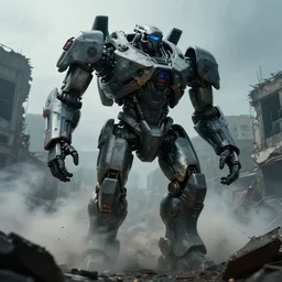 vfx film closeup, futuristic giant powerful sci - fi war mech walking out, emerging from smoke and debris in war zone, crumbling buildings, flat color profile low - key lighting award winning photography arri alexa cinematography, hyper real photorealistic cinematic, atmospheric cool colorgrade